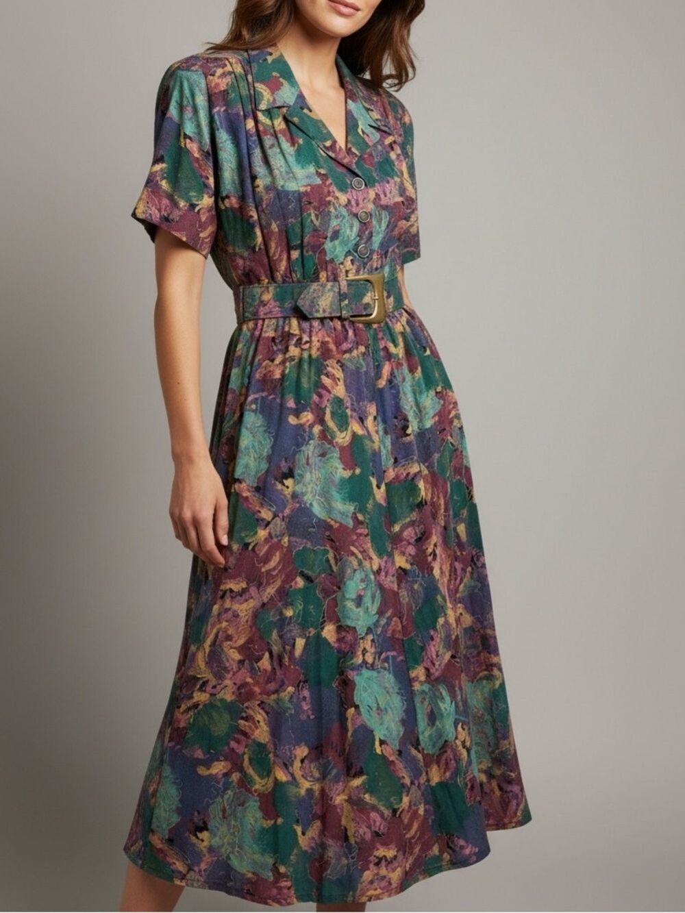 VTG 80s Lady Carol of New York Abstract Jewel Tone Midi Belted Dress